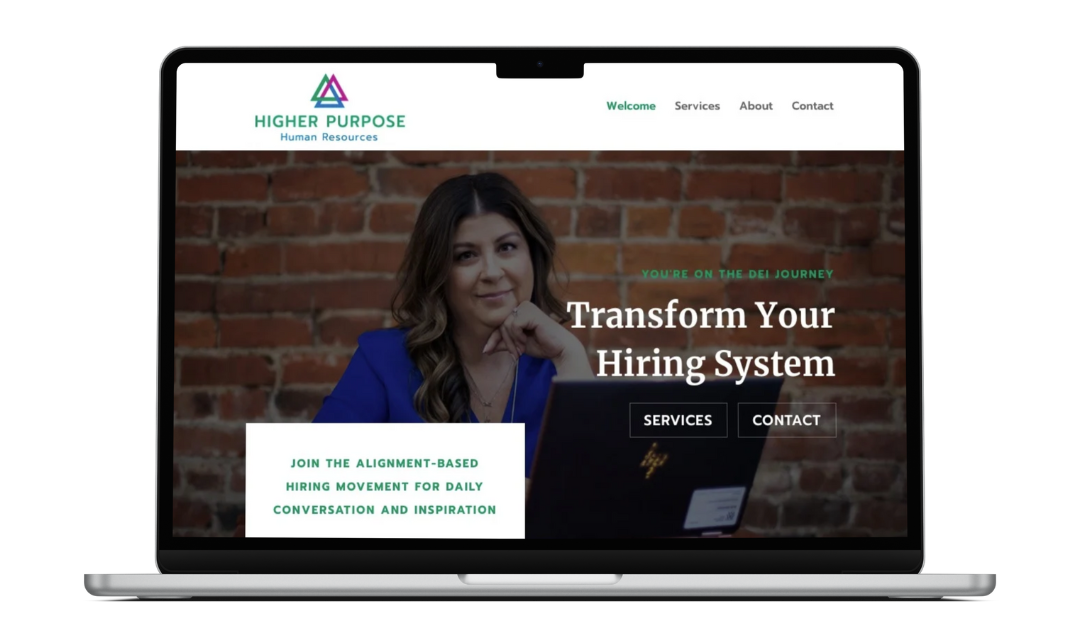 Case Study: Higher Purpose Human Resources Website Design by Elle Marketing and Events | Home Page on computer screen