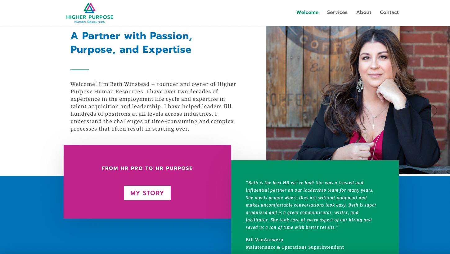 Case Study: Higher Purpose Human Resources Website Design by Elle Marketing and Events | About Page