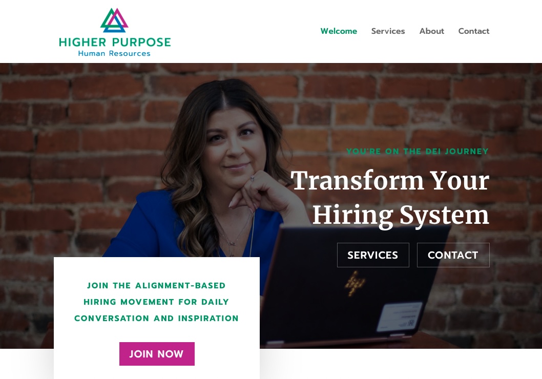 Case Study: Higher Purpose Human Resources Website Design by Elle Marketing and Events | Home Page